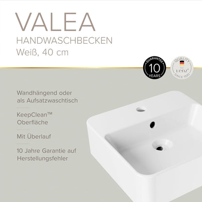 Lenz Handwastafel VALEA voor gastentoiletten en kleine badkamers, 40 cm x 38,5 cm, hangend aan de muur of als opzetwastafel, superglad KeepClean oppervlak, met overloop, wit, 41010161