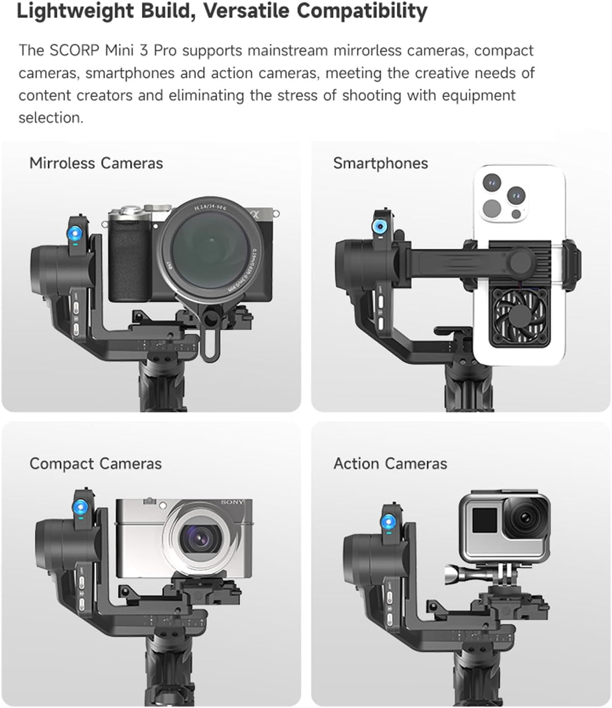 FeiyuTech SCORP Mini 3 Pro Kit 3-assige camerastabilisator, ingebouwde AI-track, alles in één handheld gimbal voor spiegelloze, zakcamera, actiecamera, telefoon, laadvermogen van 2 kg