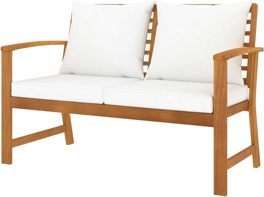 Tidyard Eden Garden Bench Garden Bench 120 cm with Cushion, Cream, Acacia Wood, Solid - QUORE