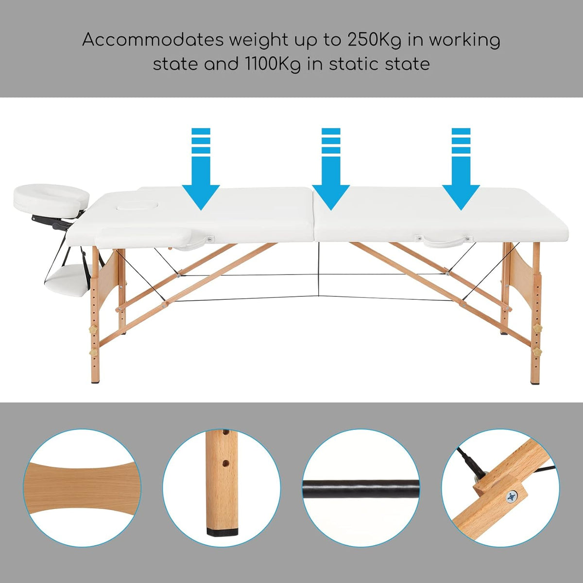 Meerveil Massagetafel, inklapbaar, 2 secties, inklapbaar, van PU en hout, met afneembare hoofdsteun, met transporttas en accessoires (wit), 198 x 60 x 81 cm