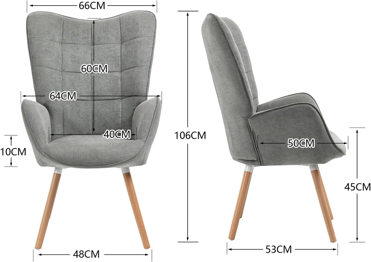 MEUBLE COSY Fauteuil, relaxstoel, leunstoelen, beklede stoel, bank, houten poten, oorstoel voor woonkamer, slaapkamer, kantoor, vanity, stof, grijs