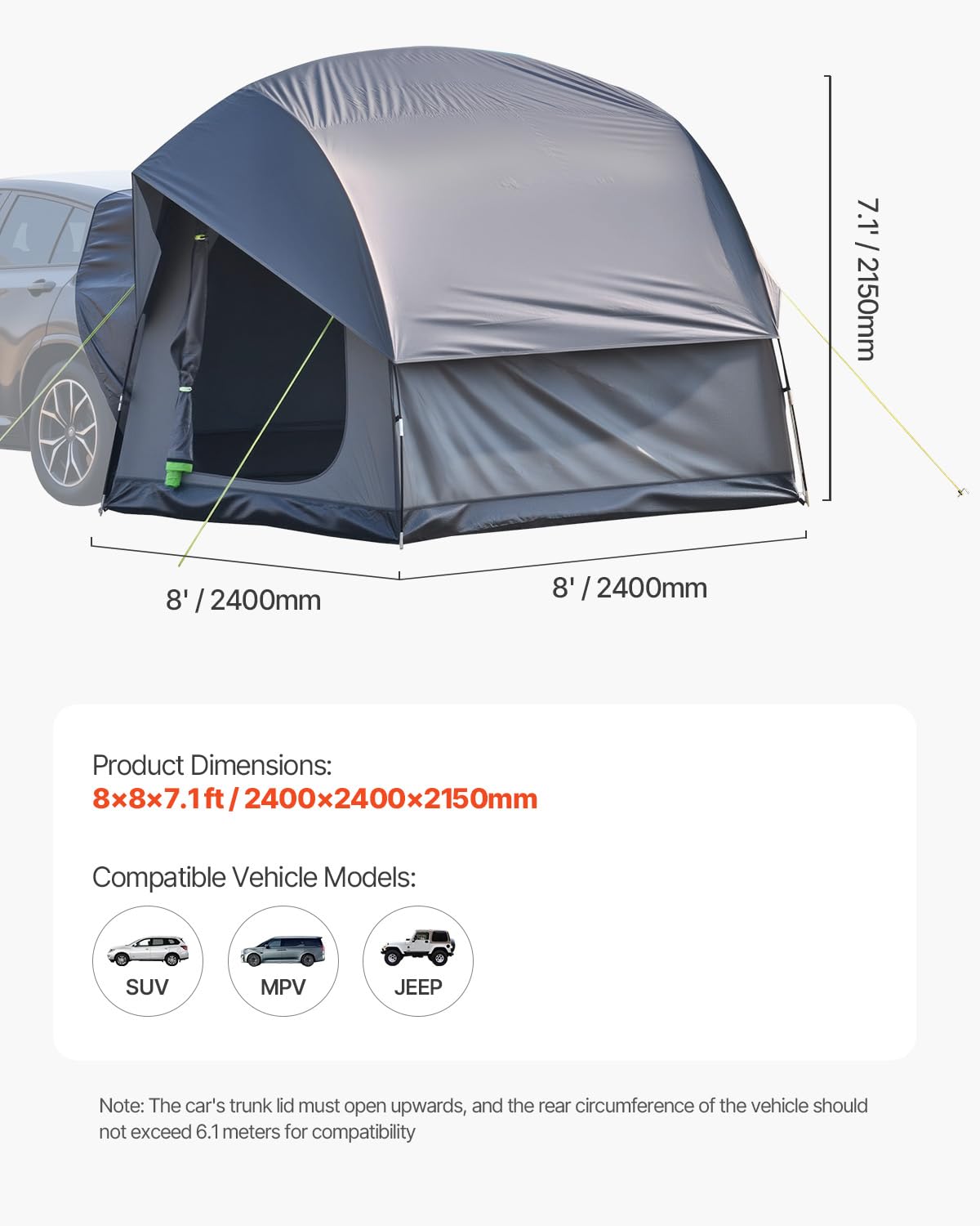 VEVOR Campingtent voor SUV, PU 2000 mm, waterdicht, ruim dubbellaags design voor 5-8 personen, met netramen, inclusief luifel en opbergtas, 2400 x 2400 x 2150 mm