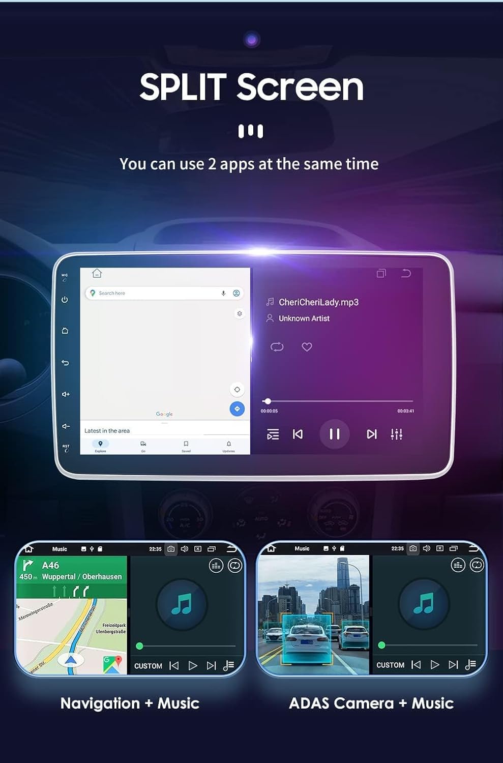Single 1 DIN autoradio met Apple CarPlay Android Auto draadloos, 10.1" afneembaar HD draaibaar kantelbaar touchscreen GPS Navi Bluetooth, ondersteuning back-up camera, audio video ontvanger
