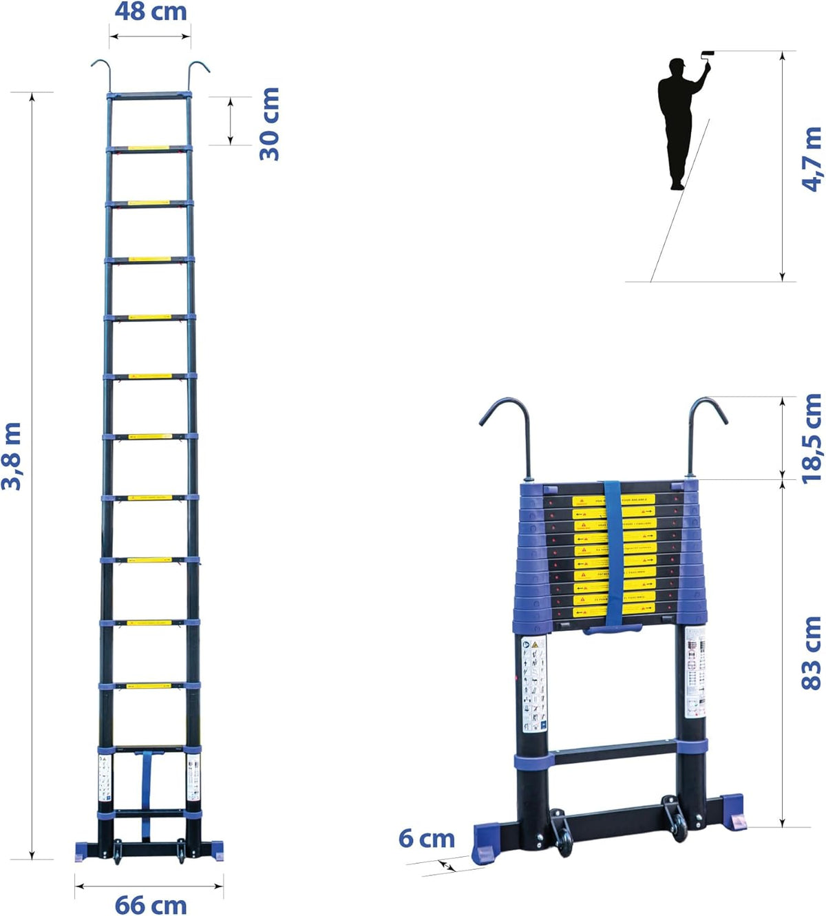 Telescopische ladder 3,8 m TELESCOVA12+, aluminium, opvouwbaar, uittrekbaar, multifunctioneel, werkhoogte max. 4,7 m, afneembare haken