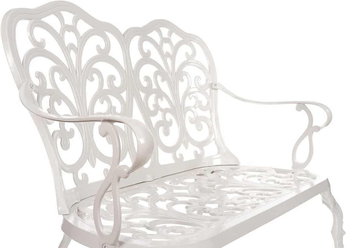 Butterfly Style Garden Bench Bistro Bench for 2 Cast Aluminum 100cm Bench Park Bench Garden Furniture (White) - QUORE