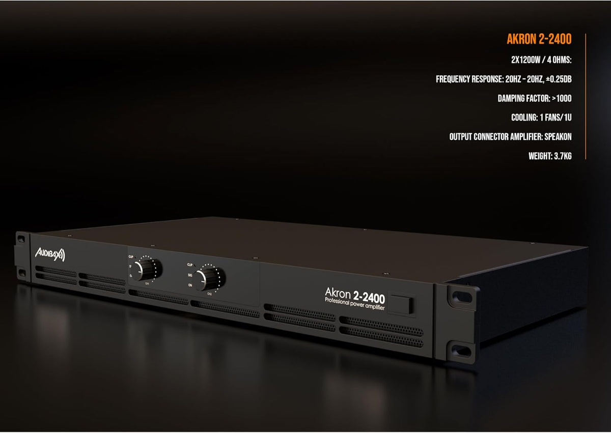 Audibax Akron 2-2400 Digitale versterker, 2-kanaals vermogen, 600 W, eenvoudige geluidsbediening, verbinding in brug-, stereo- of parallelle modus, XLR en speakon