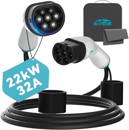 Oplaadkabel voor elektrische auto, 22 kW, 32 A, driefasen, 5 m EV oplaadkabel type 2 naar type 2, compatibel met model 3/X/Y/S, Zoe, 500e, e-208, ID.4, IP55, met draagtas