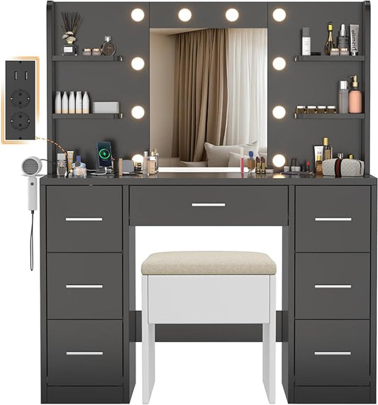 Devoko Large Dressing Table with Mirror and Lighting,Makeup Table with LED Mirror,Adjustable Brightness,Sockets,Hair Dryer Holder,10 Bulbs,7 Drawers,6 Shelves,Bedroom,Modern (Black) - QUORE