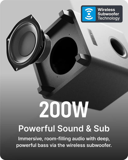Soundbar – Soundbar Met Subwoofer – Tv Soundbar – Bluetooth Soundbar – Home Cinema Soundsysteem – 200 W 2.1 Geluidssysteem Met Draadloze Subwoofer – HDMI ARC En Wandmontage