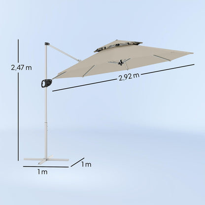 Outsunny Round Floating Parasol, 3 x 2.5 m, Outdoor Garden Parasol with Crank, Cross Base, Tilting and 360° Rotatable, Double Roof, UV Protection UPF0+, Grey, Light Grey