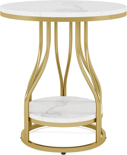 Tribesigns Set of 2 Round Side Tables, White Gold, 2 Tier Side Table, Modern Bedside Table with Storage for Sofa, Side Table with Metal Frame for Living Room