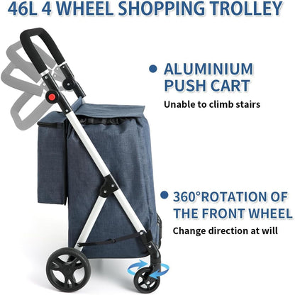Boodschappentrolley, 4 wielen aluminium winkelwagentje, 46L opvouwbare boodschappentrolley met geïsoleerde koeltas (blauw)