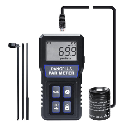Quantum PAR Meter, Waterdichte PAR Meter voor Rif Tank Aquarium Planten IP68 Quantum Sensor Full-Spectrum PPFD Meter Data Logger, 79“ Kabel en 37” Stevige Telescopische Pool inbegrepen