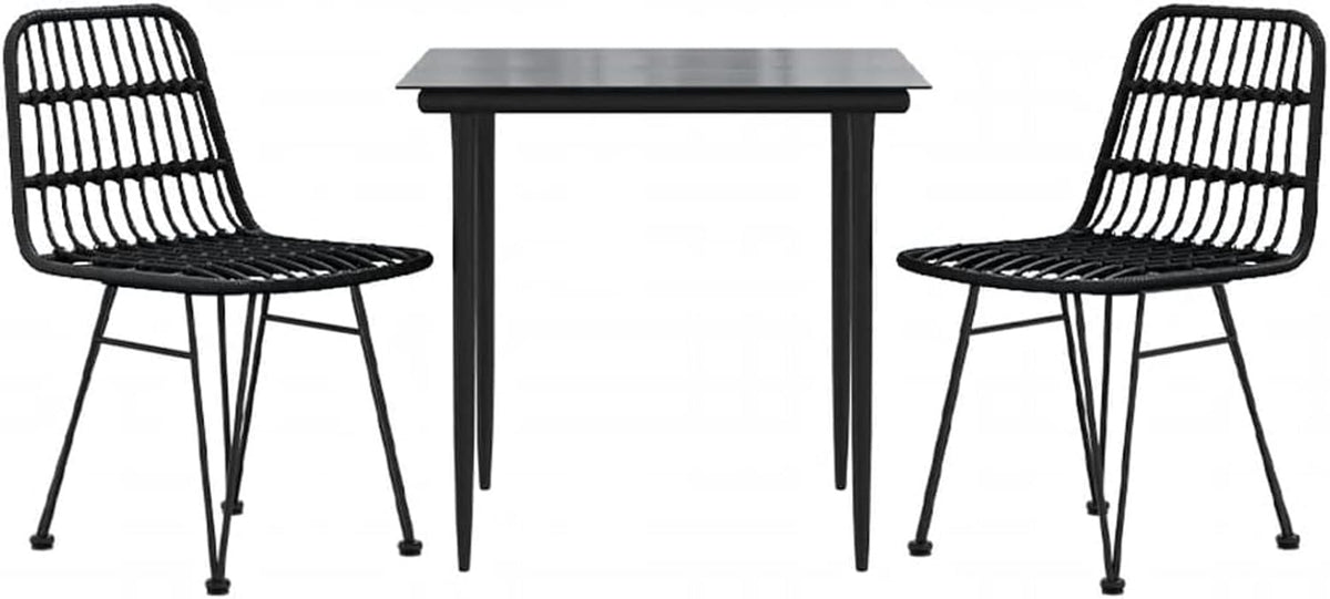 Tidyard Set of 3 for Dining Room, Garden, Outdoor, Poly Rattan, Black, Steel, Glass, Table Set and 2 Dining Chairs for Garden, Outdoor, Outdoor Patio - QUORE