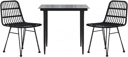 Tidyard Set of 3 for Dining Room, Garden, Outdoor, Poly Rattan, Black, Steel, Glass, Table Set and 2 Dining Chairs for Garden, Outdoor, Outdoor Patio - QUORE