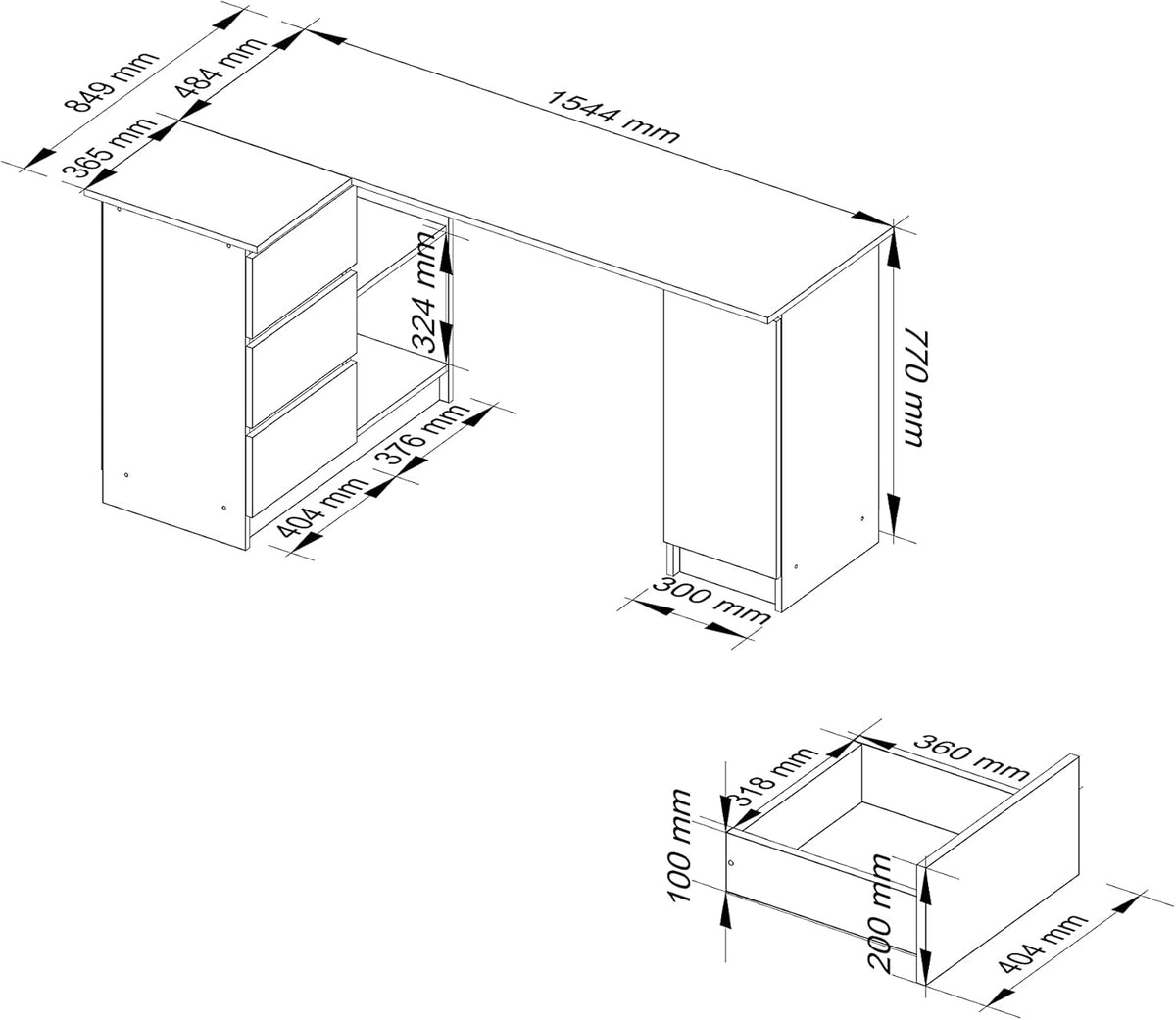 AKORD Corner desk B-20 with 3 drawers, 2 shelves and a shelf with door | desk | corner desk for home office | W155 x H77 x T85, 60 kg | White & White glossy Front - QUORE
