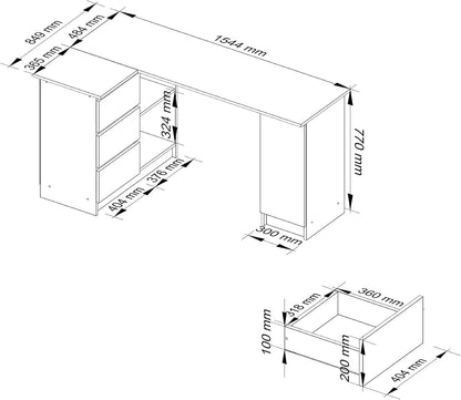 AKORD Corner desk B-20 with 3 drawers, 2 shelves and a shelf with door | desk | corner desk for home office | W155 x H77 x T85, 60 kg | White & White glossy Front - QUORE