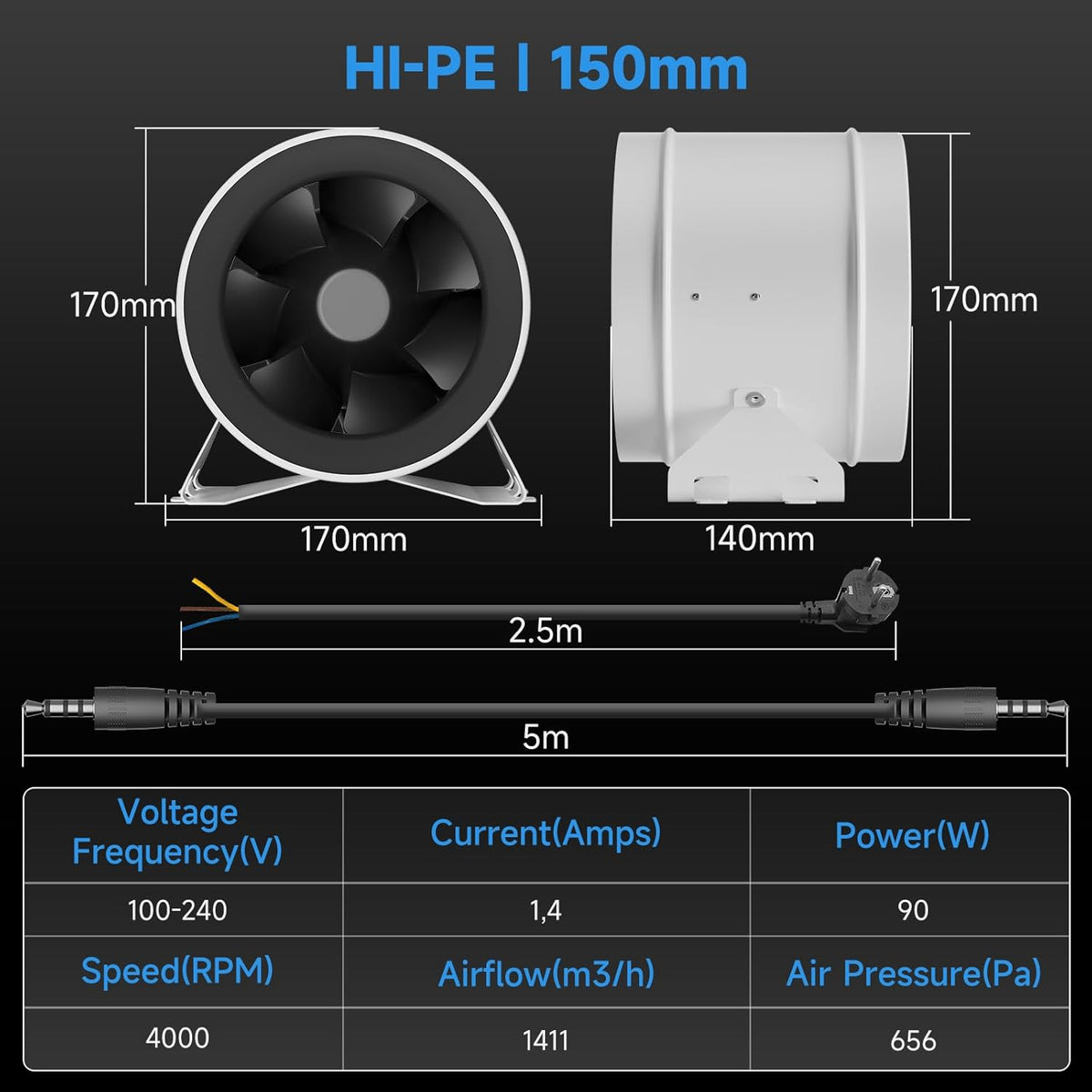 Buisventilator 200 Mm – Inline Ventilator – Afzuigventilator – Kanaalventilator – Ventilatieventilator – 1411 M³/U – EC-Motor
