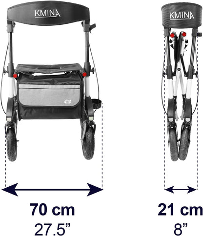 KMINA PRO - Outdoor Rollator Met Luchtbanden, Groot Wiel, Opvouwbaar Voor Senioren, Aluminium Frame Voor Buitengebruik, Met Zitje en Mandje