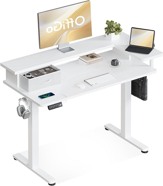 OffiGo Height Adjustable Desk, One-Piece Tabletop, 120x60 Electric Desk with L Monitor Holder, Standing Desk with Drawer, Standing Desk with USB, Ergonomic Computer Desk, White - QUORE