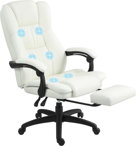 Vinsetto Office Chair with Massage Function, Ergonomic Manager Chair with Reclining Function, Footrest, Height Adjustable, 360° Rotatable, Computer Chair with Remote Control, Faux Leather, Cream White - QUORE