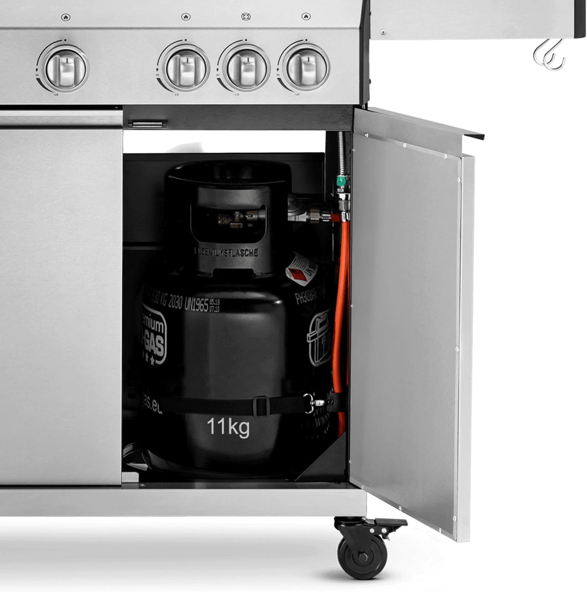 BURNHARD 4-Burner Gas Barbecue Big Fred, Stainless Steel Grill Trolley with Side Table, Cast Iron Grate, Thermometer, Piezo Ignition, Incl. Cover Cap, Ceramic Burners and Hob, 2022 Model - QUORE