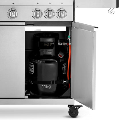 BURNHARD 4-Burner Gas Barbecue Big Fred, Stainless Steel Grill Trolley with Side Table, Cast Iron Grate, Thermometer, Piezo Ignition, Incl. Cover Cap, Ceramic Burners and Hob, 2022 Model - QUORE