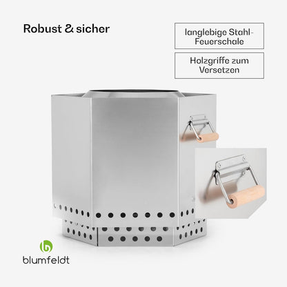 Blumfeldt Stationaire Braséro met regenhoes, houten handgrepen, 360° uitzicht op het vuur, voor tuin en terras