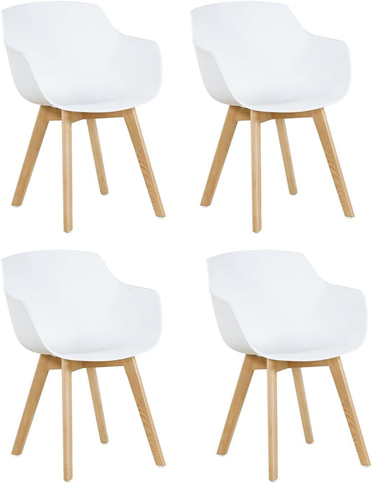EGGREE Set van 4 eetkamerstoelen met poten van massief beukenhout, retro design, keukenstoelen van hout, wit, woonkamerstoel met armleuningen