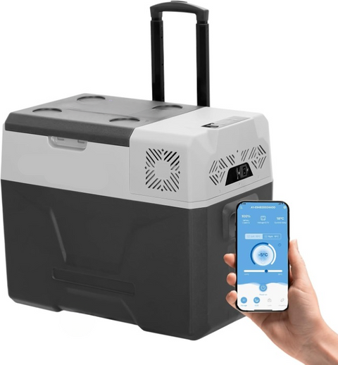 Mini koelkast - Auto koelkast - Draagbare Compressor Koelbox - Elektrische Vriesbox - voor Camping - Auto - Vrachtwagen - Boot - met Wielen - Telescopische Handgreep - USB-aansluiting - 40L - 12/24V & 230 V - Donkergrijs