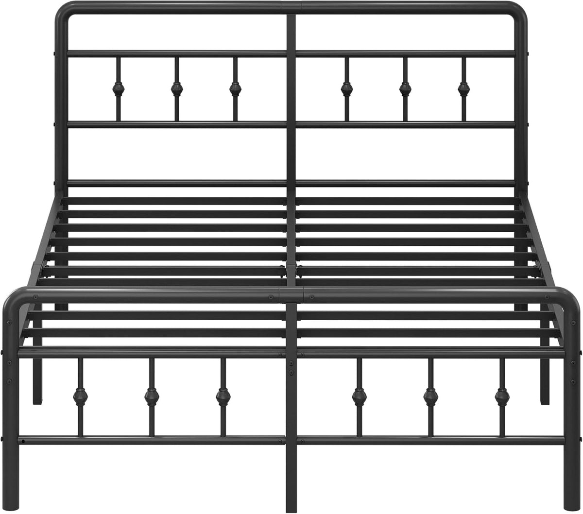 EMODA Metalen Bed Frame 160 x 200 cm met vintage style Hoofdeinde en Voetenbord, Heavy Duty Bedframe 36cm hoog met stalen lattenbodem, Eenvoudige montage, Geluidsvrij, Zwart