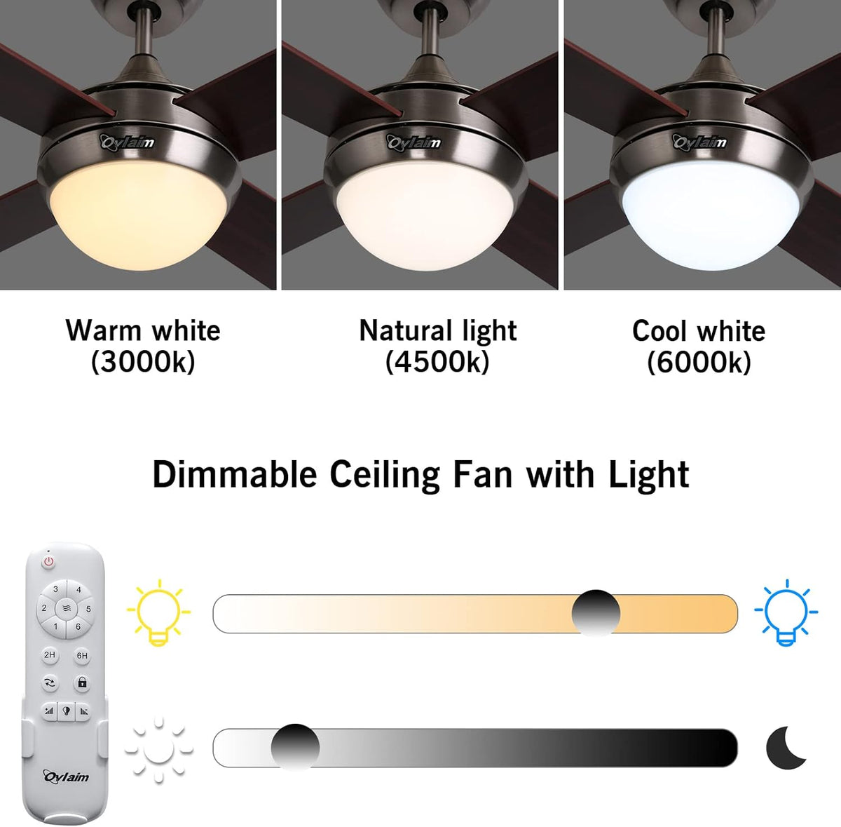 Ovlaim Plafondventilator, 122 cm, met dimbare ledverlichting en afstandsbediening, lamp met bruine ventilator, 6 windsnelheden, DC-motor, ultralicht, voor slaapkamer, terras