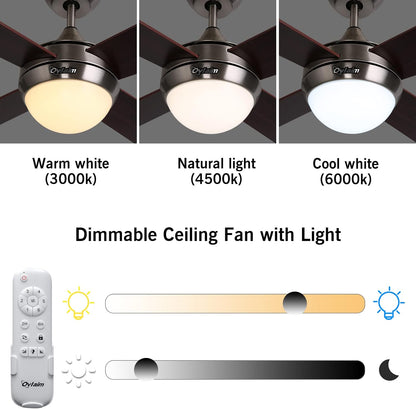 Ovlaim Plafondventilator, 122 cm, met dimbare ledverlichting en afstandsbediening, lamp met bruine ventilator, 6 windsnelheden, DC-motor, ultralicht, voor slaapkamer, terras