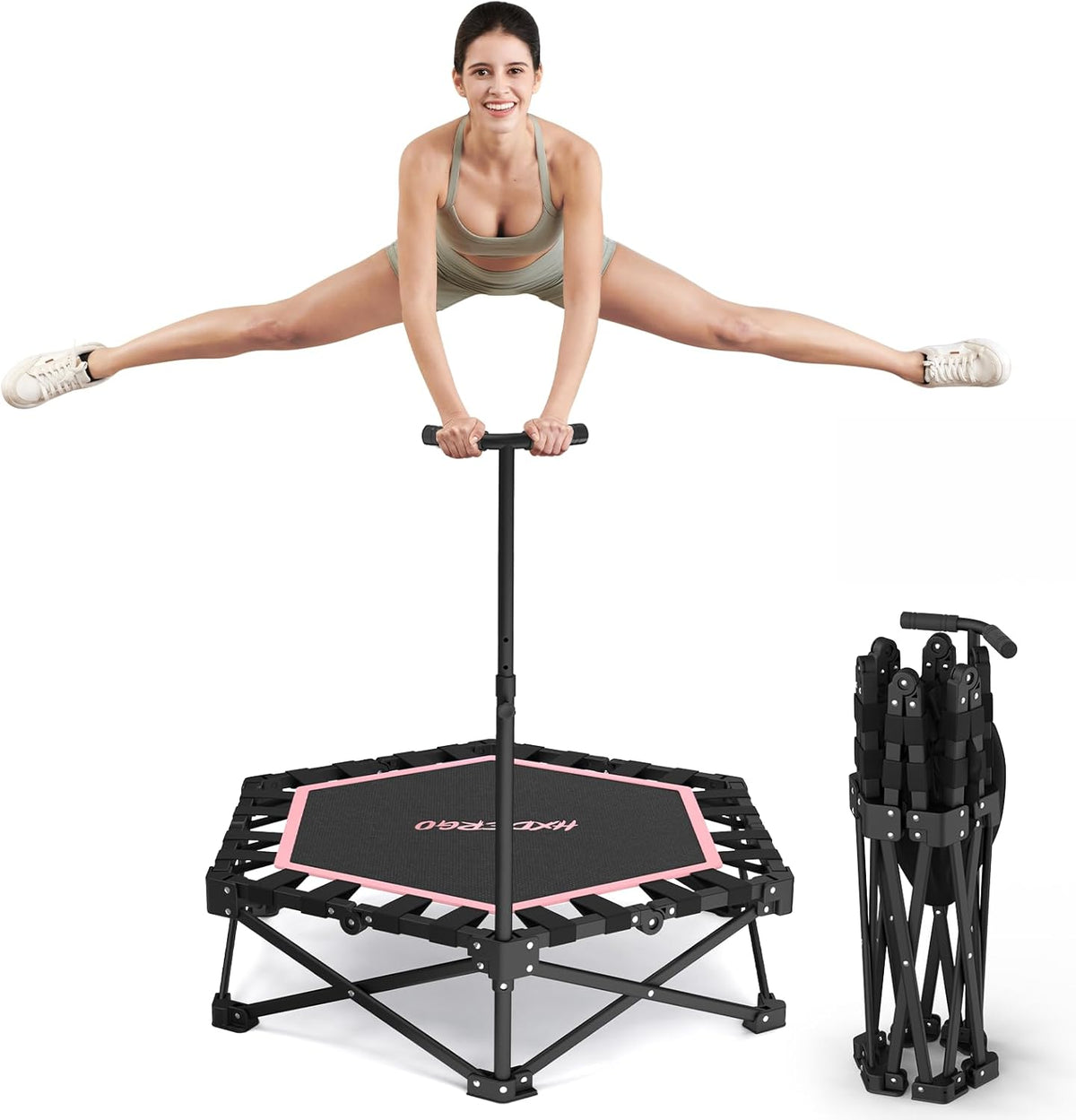 Fitness trampoline Ø106,5 cm – opvouwbare volwassen trampoline met verstelbare handgreep en veerkrachtig compact ontwerp – stil trampoline voor thuis workout