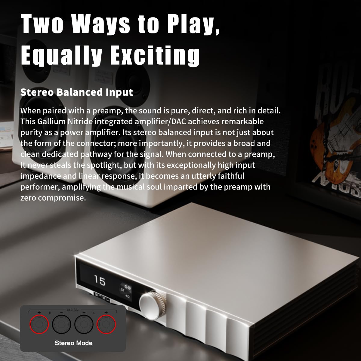 SMSL PA400 GaN HiFi-versterker, 250 W stereo klasse D eindversterker, XLR-symmetrische, RCA, XLR-mono-ingang, galliumnitride-versterker voor thuisaudio en desktop