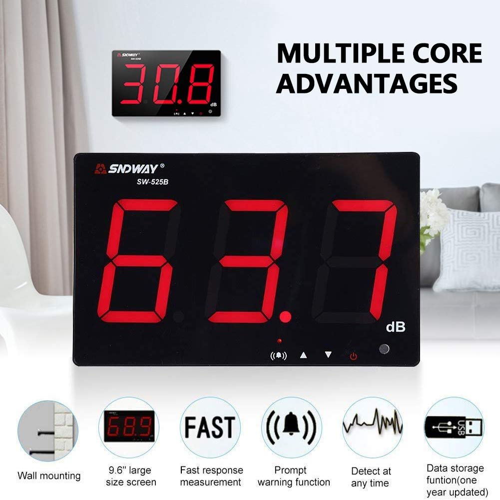 Geluidsniveaumeter, LCD-decibelmeter, ruismeting, 30 tot 130 dB, USB-wandopknoping, met datalogger en alarm, voor binnen- en buiten gebruik