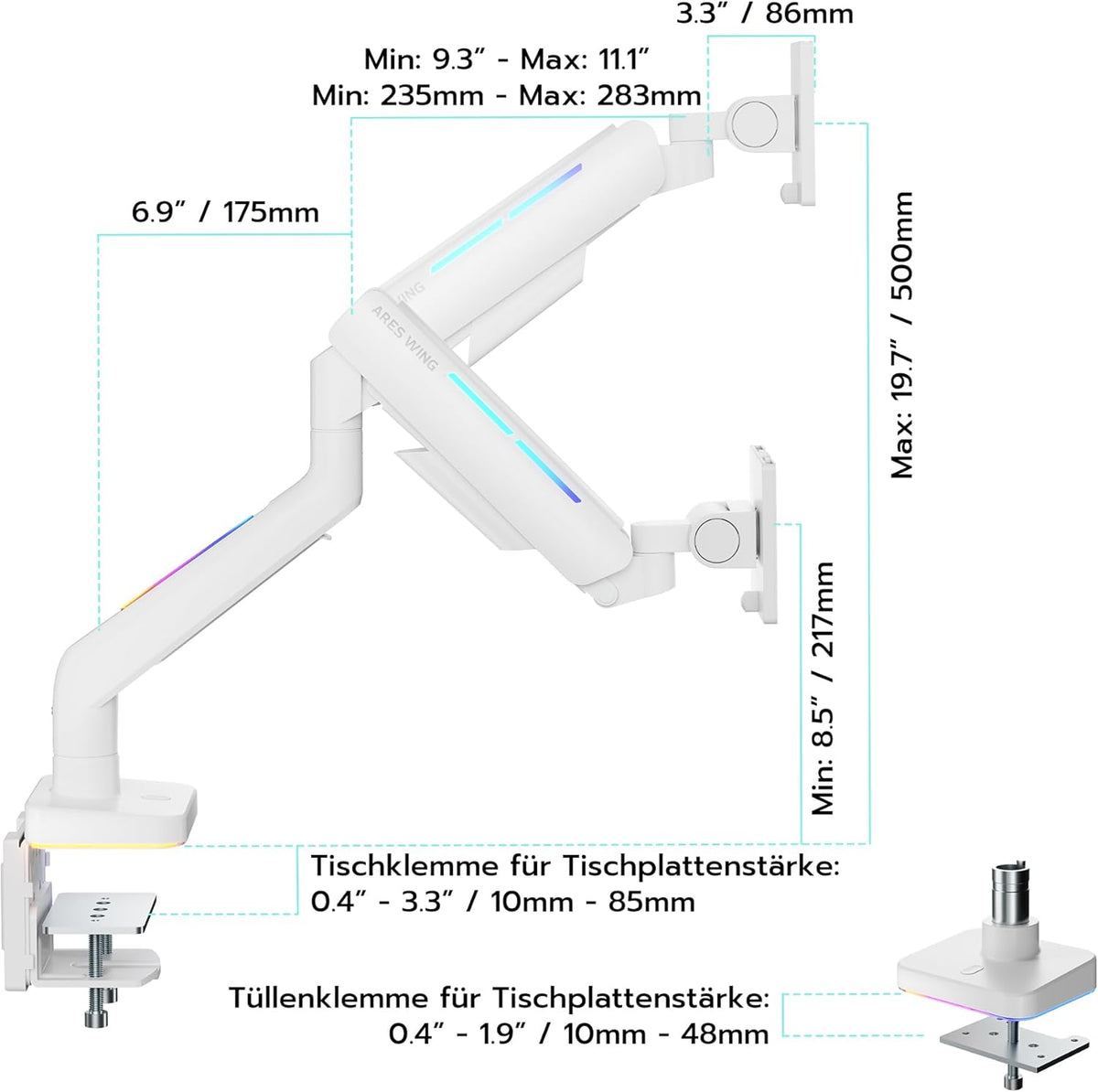 RGB Monitorarm Wit – Monitorhouder – Monitorbeugel – Bureausteun – Schermarm – Geschikt voor 17 Tot 49 Inch – 20 RGB Modi