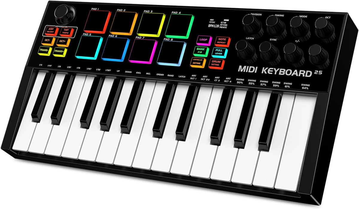 TERENCE MIDI-toetsenbord met 25 toetsen, professioneel, MIDI-toetsenbord, controller, 500 mAh, 8 pads, RGB-knop, 360 graden draaibaar, eindeloos, 8 toewijsbare toetsen, OLED-display, compatibel met