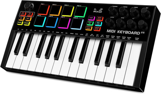 TERENCE MIDI-toetsenbord met 25 toetsen, professioneel, MIDI-toetsenbord, controller, 500 mAh, 8 pads, RGB-knop, 360 graden draaibaar, eindeloos, 8 toewijsbare toetsen, OLED-display, compatibel met