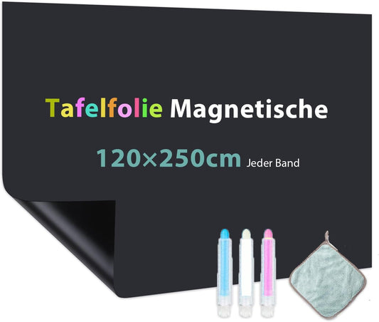 Magneetbordfolie, zelfklevend, 120 x 250 cm, magneetfolie, zwart, afwasbaar, krijtfolie, magneetbord voor gladde oppervlakken op school, kantoor en thuis