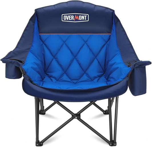 OVERMONT Extra grote inklapbare campingstoel, campingsofa, belastbaar tot 204 kg, opvouwbare campingstoel, gevoerd met bekerhouder, koeltas, hoge rugleuning, voor outdoor, indoor, camping, tuin, blauw