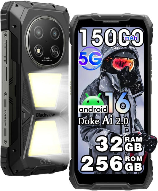 Blackview ROCK 2 PRO 5G Onbreekbare mobiele telefoon, Android 16, campinglamp 400 Im, 32 GB + 256 GB AI telefoon, 6,67 inch FHD+120 Hz, 15000 mAh, smartphone, onbreekbaar, 16 MP + 13 MP, IP69K/WiFi 5