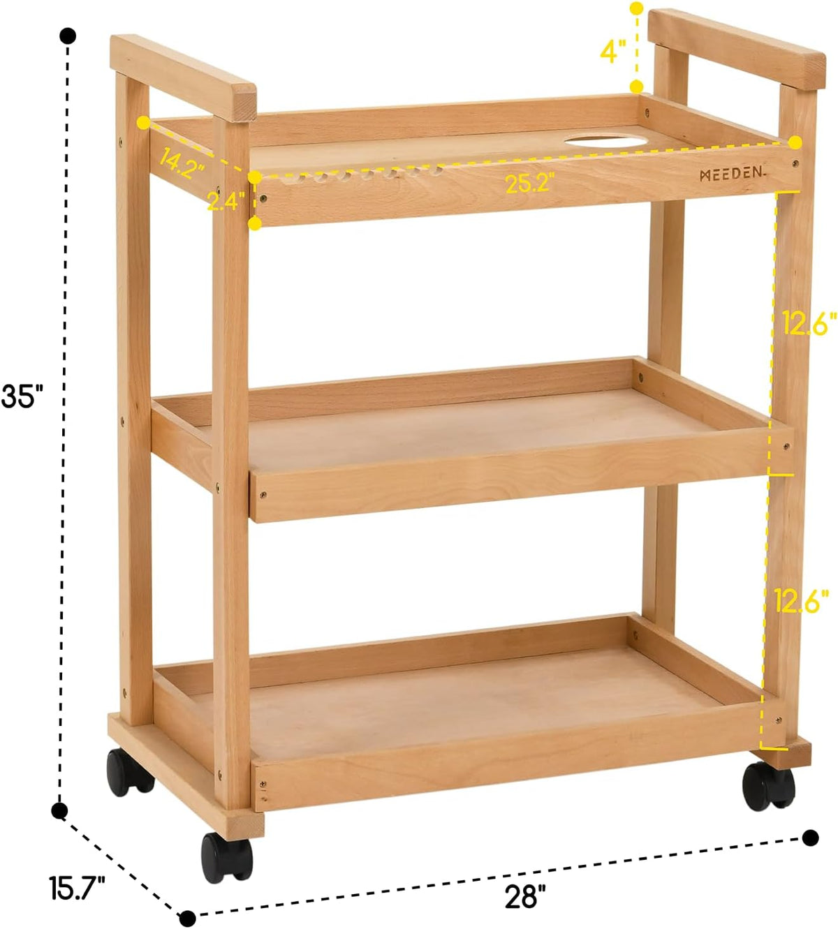 Opbergwagen – Opbergkar – Kar Op Wielen – Trolley – Studiowagen – 3-Laagse Uitvoering – Massief Beukenhout – 360° Zwenkwielen Met 2 Remmen