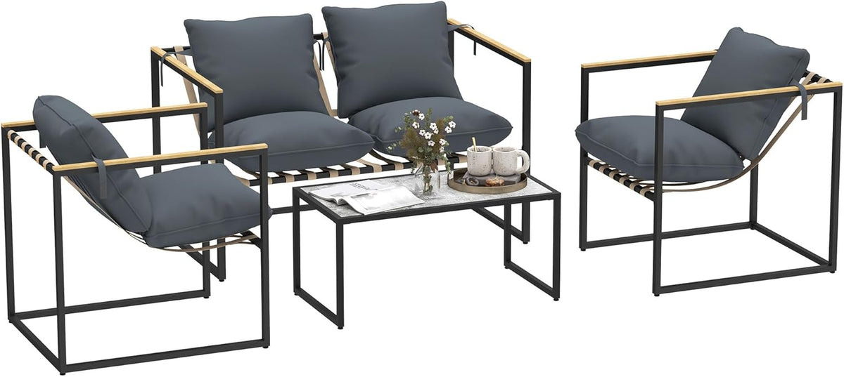 Balkonmeubelset – Tuinmeubelset – Lounge Set – Terrasmeubilair – 4-delig – Gepoedercoat Stalen Frame – 12 cm Dikke Comfortabele Kussens – Grijs
