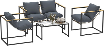 Balkonmeubelset – Tuinmeubelset – Lounge Set – Terrasmeubilair – 4-delig – Gepoedercoat Stalen Frame – 12 cm Dikke Comfortabele Kussens – Grijs