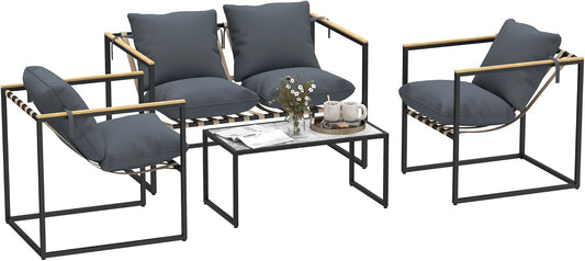 Balkonmeubelset – Tuinmeubelset – Lounge Set – Terrasmeubilair – 4-delig – Gepoedercoat Stalen Frame – 12 cm Dikke Comfortabele Kussens – Grijs