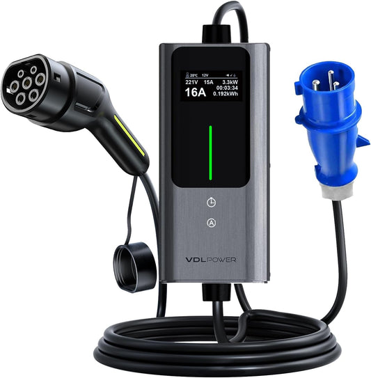 Type 2 oplaadkabel CEE, 7 kW / 5 m oplaadkabel elektrische auto, 6A-32A draagbare EV oplader, type 2 Wallbox laadstation voor elektrische voertuigen met eenfasige, IP65