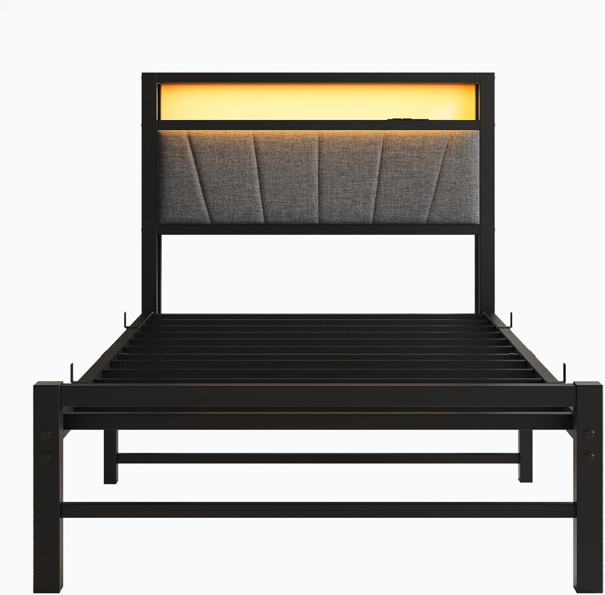 3ft eenpersoonsbedframes met opberghoofdeinde, laadstation/LED-verlichting, metalen gestoffeerd platformbedframe eenpersoons, geen boxspring nodig, ondersteuning voor sterke metalen
