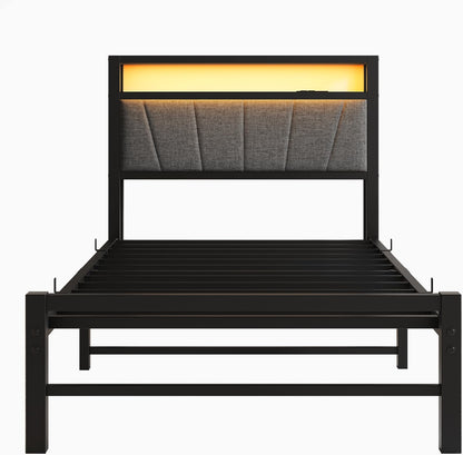 3ft eenpersoonsbedframes met opberghoofdeinde, laadstation/LED-verlichting, metalen gestoffeerd platformbedframe eenpersoons, geen boxspring nodig, ondersteuning voor sterke metalen