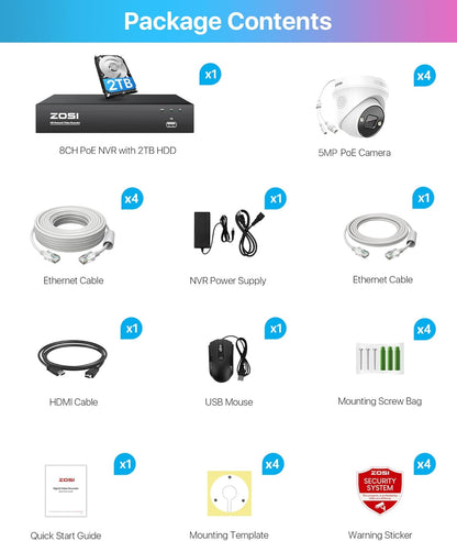 Beveiligingscamera Set – Videobewaking – IP Camera Systeem – PoE Camera – NVR Recorder – 5MP Resolutie – Personen- en Voertuigdetectie – 2TB Opslag – Spotlight Alarm